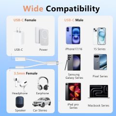 KikoSaka USB C to 3.5mm Audio Adapter 2 in 1 USBC to Headphone Jack Adapter with PD Fast Charging Dongle Cable Type C to Aux for iPhone 17 16 15, Galaxy