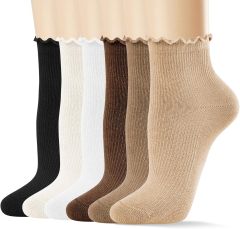 MORECOO 6 Pairs Socks for Women, Cute Ruffle Frilly Ankle Socks, Cotton Lace Crew Socks for Mary Jane Shoes, 6 Pack
