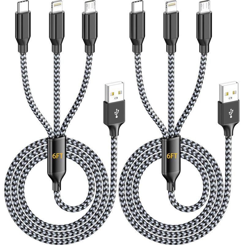 IDISON Multi Charging Cable (2Pack 6ft), 3 in 1 Charging Cable Travel Essentials Nylon Braided Cord USB Port iPhone Charger Cord with Type C Micro Lightning USB for Apple iPhone Android Phone