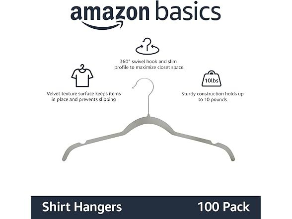 Amazon Basics Space Saving Slim Velvet Non-Slip Clothes Hangers, Sturdy, Gray/Silver, 100-Pack