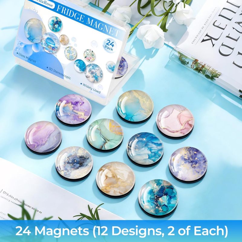 Thick 9mm 3D Glass Refrigerator Magnets 30mm Round – Strong Soft Magnet Backing, Heavy Duty Fridge Magnets for Photos, Notes, Whiteboard & Locker Use -24 Magnets(12 Designs of Gilded Sand, 2 of Each)