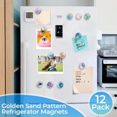 Thick 9mm 3D Glass Refrigerator Magnets 30mm Round – Strong Soft Magnet Backing, Heavy Duty Fridge Magnets for Photos, Notes, Whiteboard & Locker Use -24 Magnets(12 Designs of Gilded Sand, 2 of Each)