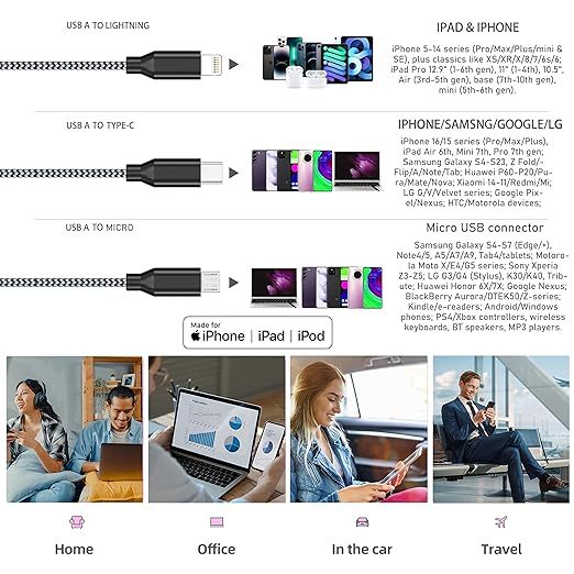 IDISON Multi Charging Cable (2Pack 6ft), 3 in 1 Charging Cable Travel Essentials Nylon Braided Cord USB Port iPhone Charger Cord with Type C Micro Lightning USB for Apple iPhone Android Phone