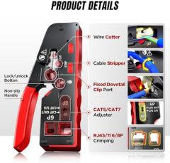 AMPCOM Pass Through RJ45 Crimp Tool, All-in-one Ethernet Crimper, Crimping for STP UTP RJ45/ RJ11 Cat8 Cat7 Cat6A Cat6 Cat5e Cat5 Connectors, AM-728RD