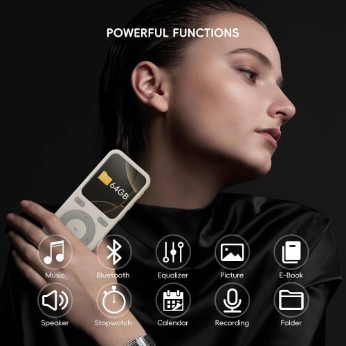 64GB MP3 Player with Bluetooth,Portable HiFi Lossless Sound Bluetooth MP3 Player with Speaker,Voice Recorder,Shuffle for Sport,Hiking,Running,Micro SD Card up to 128GB(Earbuds Included)