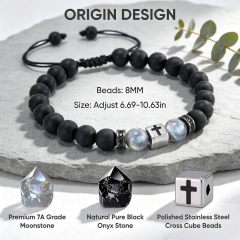 Gamtic Moonstone Cross Bracelet Gift for Dad, Adjustable 7A Grade Natural Moon Stone & Black Onyx Beaded Bracelet for Men, Fathers Day, Birthday Gifts from Daughter Son with to My Dad Card