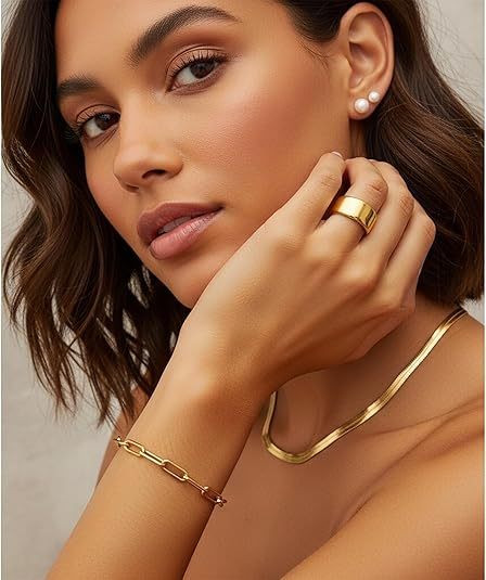 YEEZII 56 Pcs Gold Jewelry Set for Women with 5Pcs Layered Necklace, 5Pcs Layered Necklace, 12 Bracelets, 4 Hoop Earrings, 8 Stackable Rings, 10 hairpins, 12 Studs Earrings Jewerly set for Women