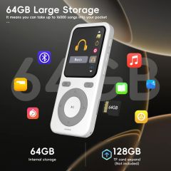 64GB MP3 Player with Bluetooth,Portable HiFi Lossless Sound Bluetooth MP3 Player with Speaker,Voice Recorder,Shuffle for Sport,Hiking,Running,Micro SD Card up to 128GB(Earbuds Included)
