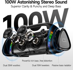 LFS Bluetooth Speaker,100W Loud Speakers Bluetooth Wireless with Deep Bass, LED Lights, IPX6 Waterproof, 30H Playtime, Portable Outdoor Speaker Boombox for Camping,Beach, Party