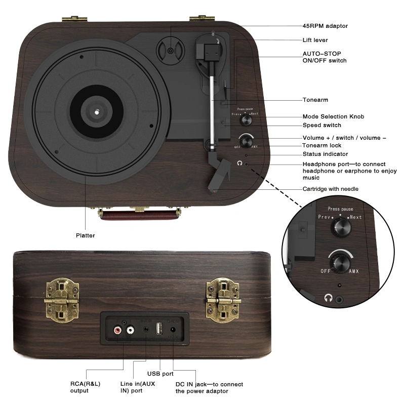 A3 Turntable - 2 Spkrs - 3-Speed - BT Speaker - USB - AUX - RCA
