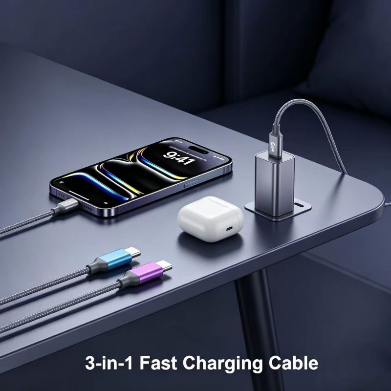 4ft-2Pack-4in1-multi charging cable-TC-Micro-Light-USB-Phone-Rapid-Nylon