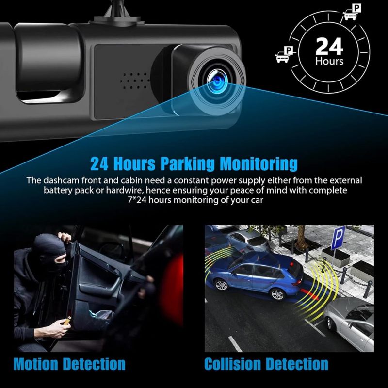 3 Channels Camera Dash Cam for Cars Front HD 1080P Inside Cabin and Rear with 2 inch IPS Screen Car DVR Video Recorder Loop Recording G-Sensor Auto Reverse Parking View Parking With 32G Card