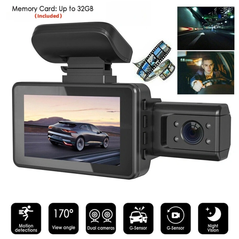3-Inch Dual Lens Car Dash Cam-Front  Inside Recording-Night Vision-G-Sensor Vehicle Dash Camera