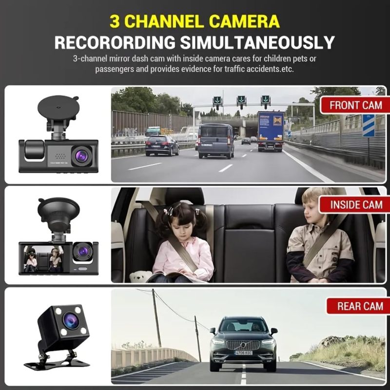 3 Channels Camera Dash Cam for Cars Front HD 1080P Inside Cabin and Rear with 2 inch IPS Screen Car DVR Video Recorder Loop Recording G-Sensor Auto Reverse Parking View Parking With 32G Card