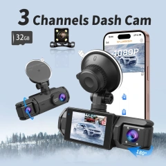 WIFI 3 Channel Car Dash Cam-1080P Dash Camera with Night Vision-32GB Card
