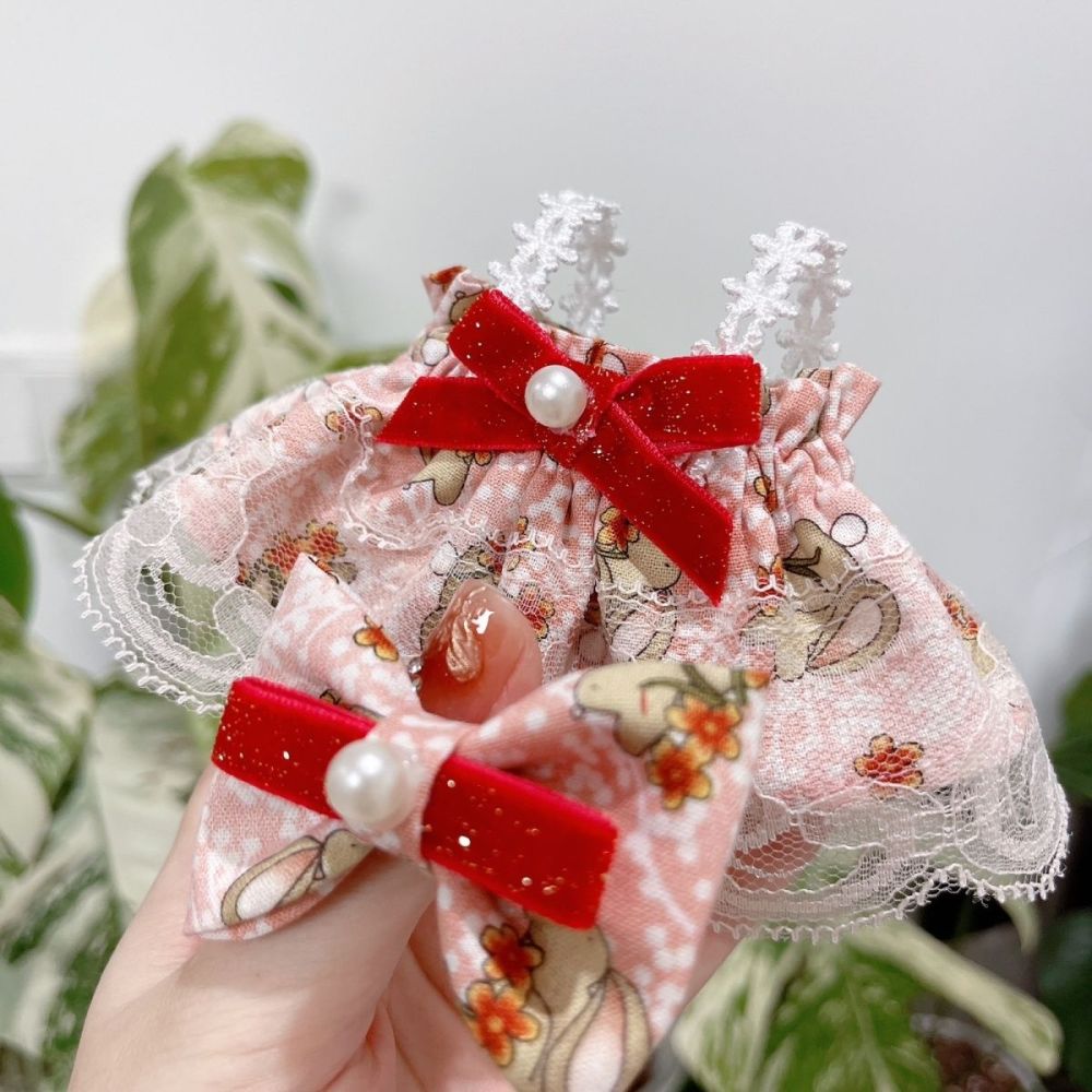 20cm/7.8in Cotton Doll Clothes Set Pink Rabbit Dress and Hair Clips Doll Clothing (Excluding dolls)