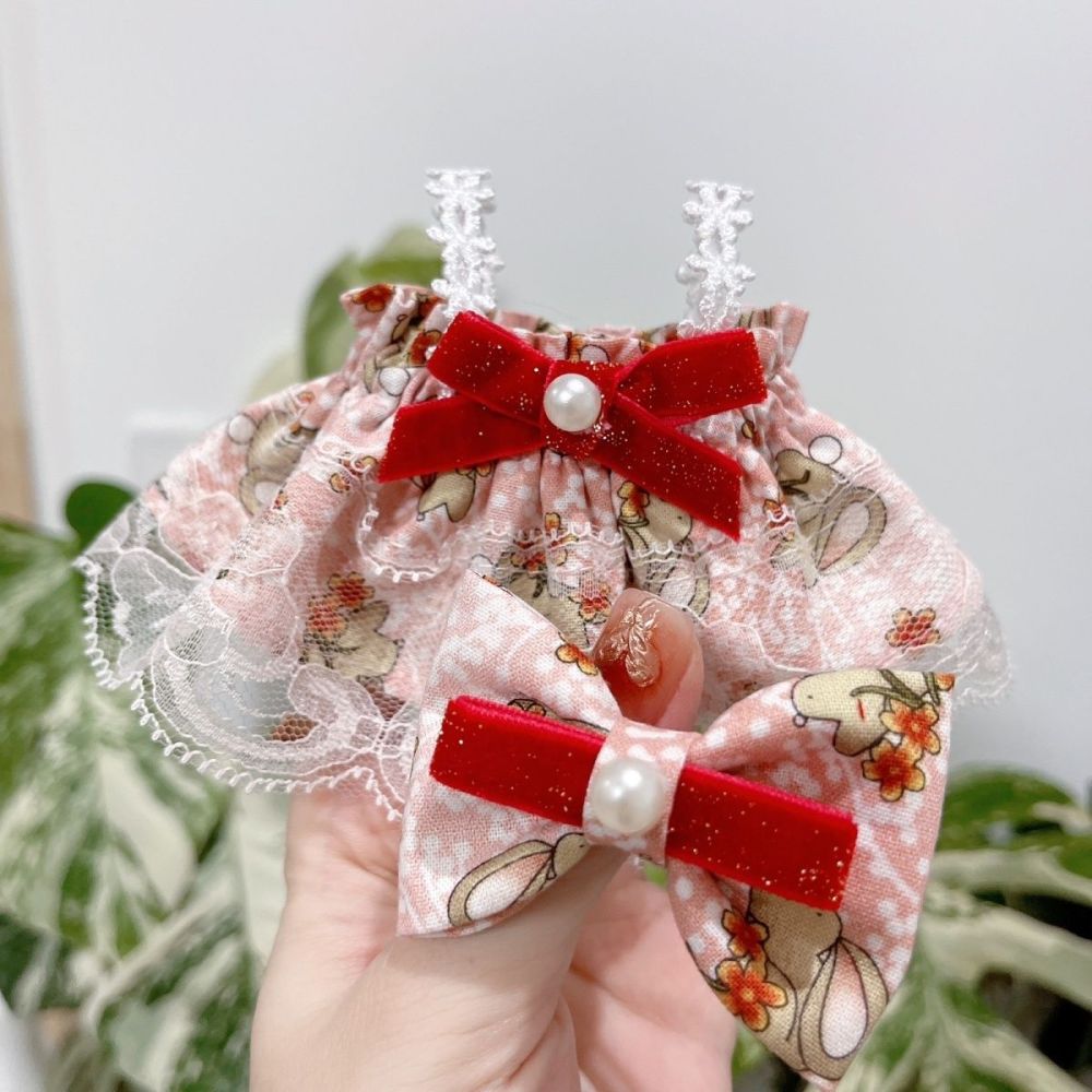 20cm/7.8in Cotton Doll Clothes Set Pink Rabbit Dress and Hair Clips Doll Clothing (Excluding dolls)