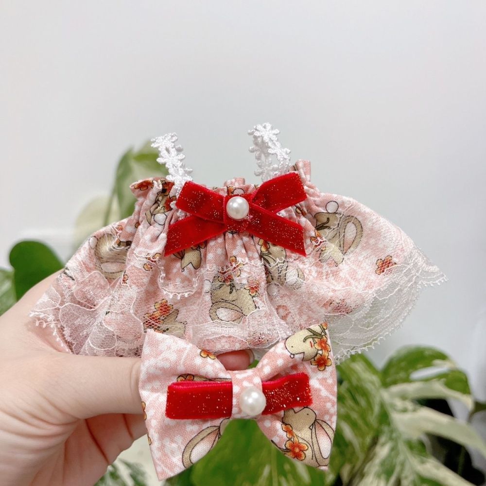 20cm/7.8in Cotton Doll Clothes Set Pink Rabbit Dress and Hair Clips Doll Clothing (Excluding dolls)