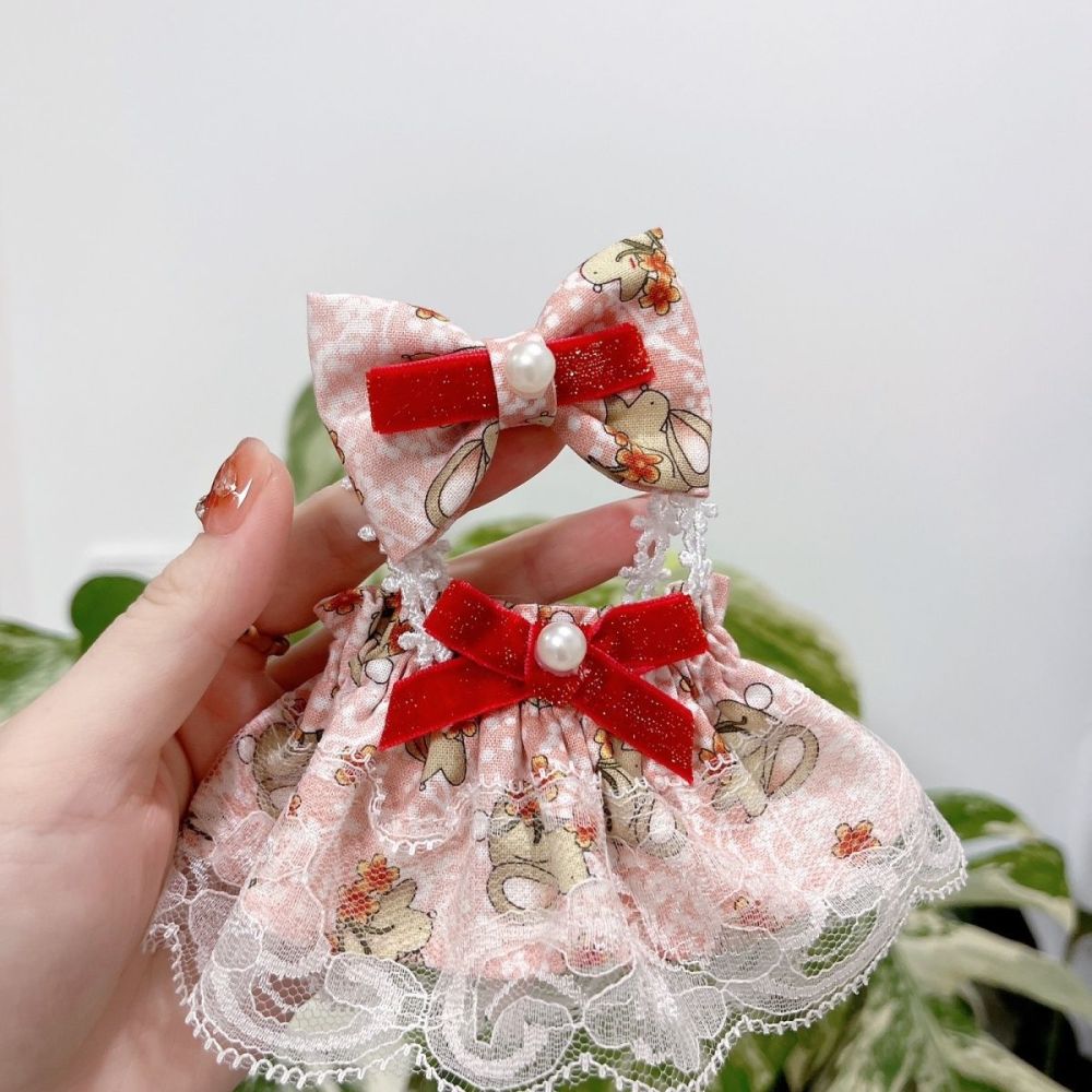 20cm/7.8in Cotton Doll Clothes Set Pink Rabbit Dress and Hair Clips Doll Clothing (Excluding dolls)
