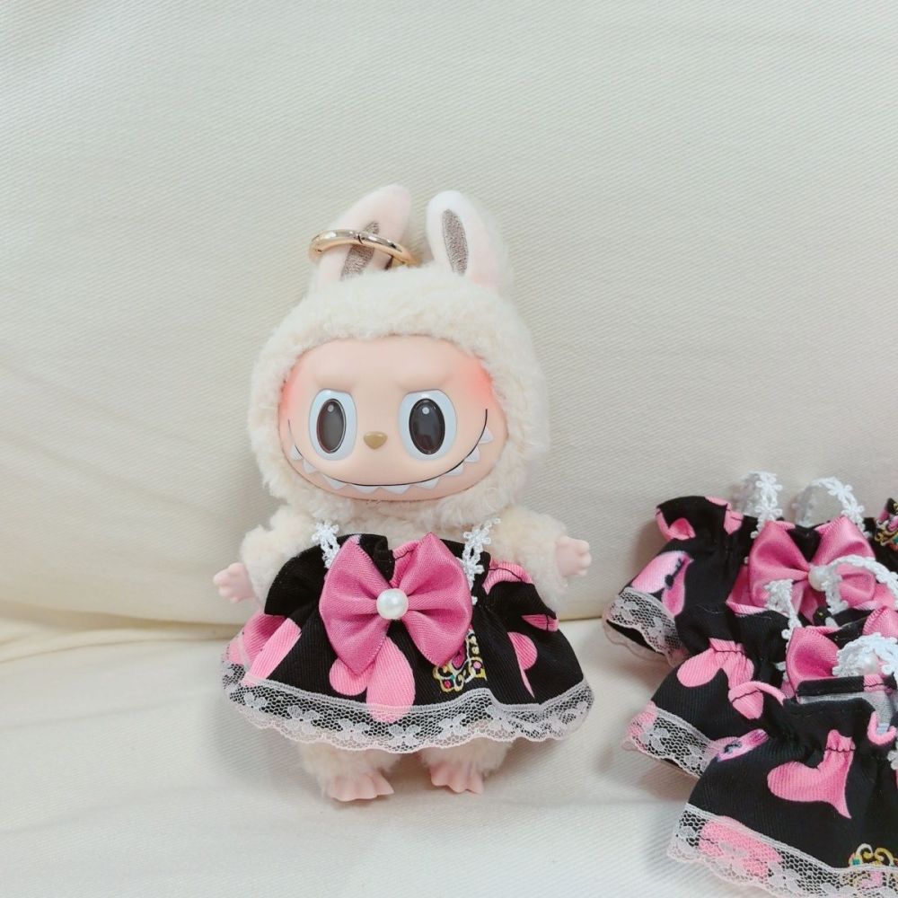 Original Handmade Labubu Doll Clothes Black Pink Love Heart Cute Lace Pod Dress Series Suit With Hair Accessories