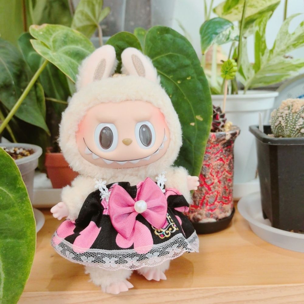 Original Handmade Labubu Doll Clothes Black Pink Love Heart Cute Lace Pod Dress Series Suit With Hair Accessories