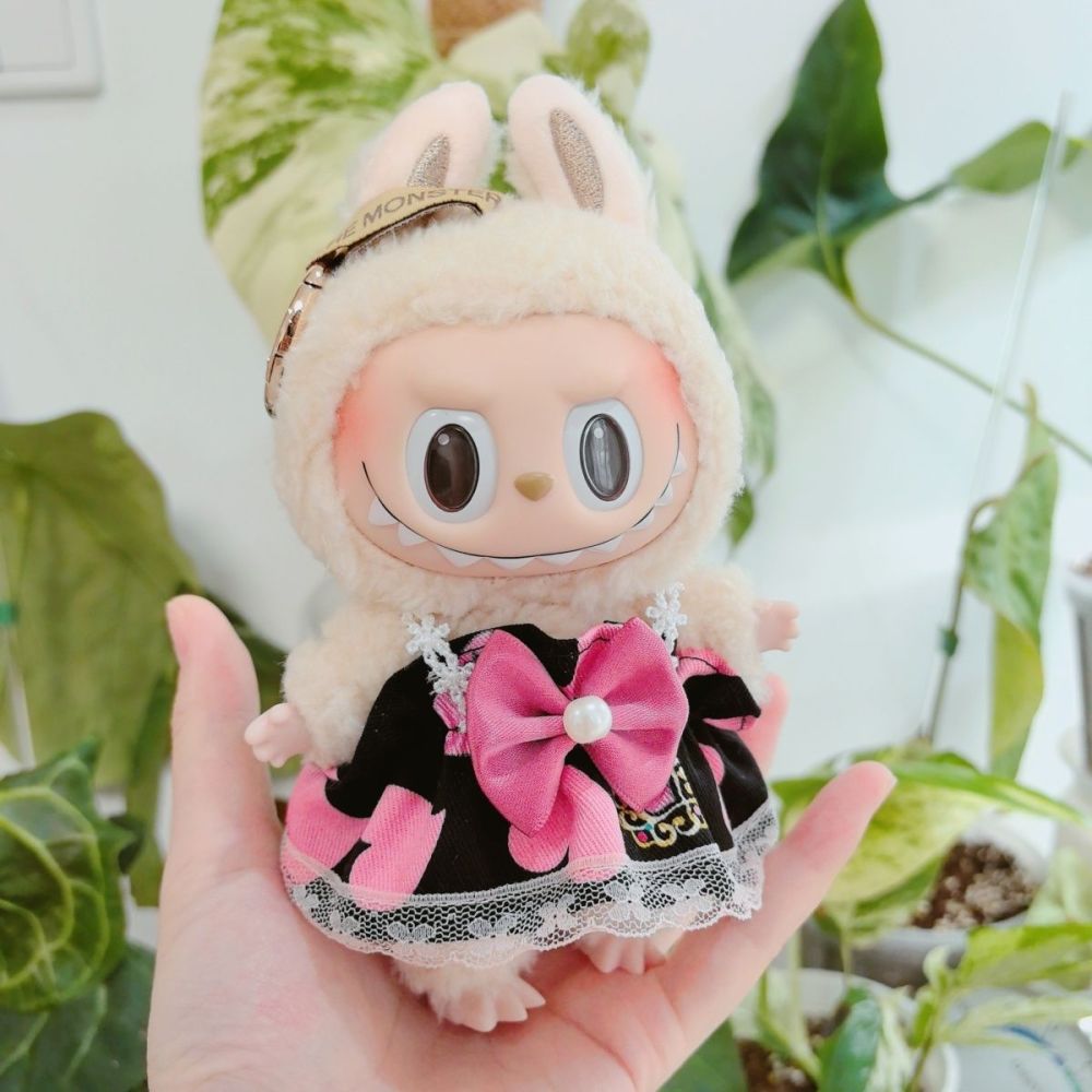 Original Handmade Labubu Doll Clothes Black Pink Love Heart Cute Lace Pod Dress Series Suit With Hair Accessories