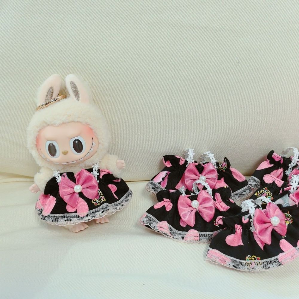 Original Handmade Labubu Doll Clothes Black Pink Love Heart Cute Lace Pod Dress Series Suit With Hair Accessories