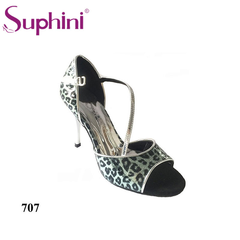 Free Shipping Suphini High Heel Dance Shoes Gold Leopard Fabric Tango Shoes