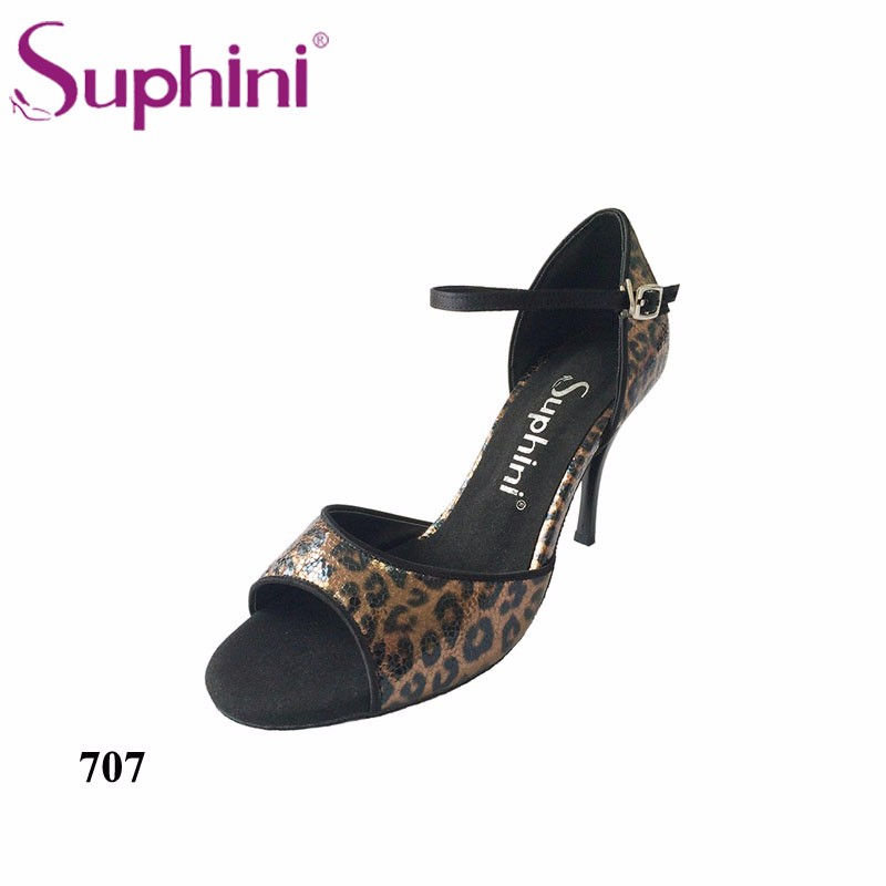 Free Shipping Suphini High Heel Dance Shoes Gold Leopard Fabric Tango Shoes