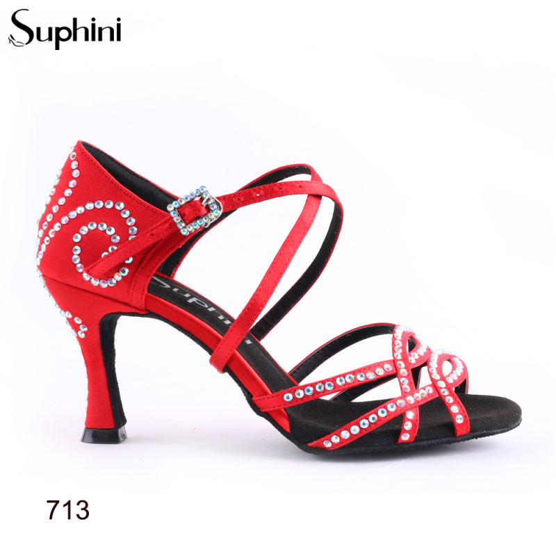 Suphini Latin Salsa Dance Shoes red satin x strap 7.5cm soft sole latin dance shoes