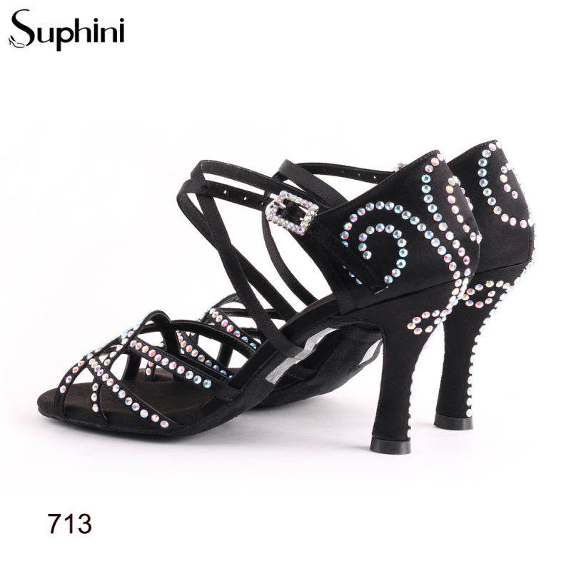 Suphini Latin Salsa Shoes black satin hand made classic style latin dance shoes