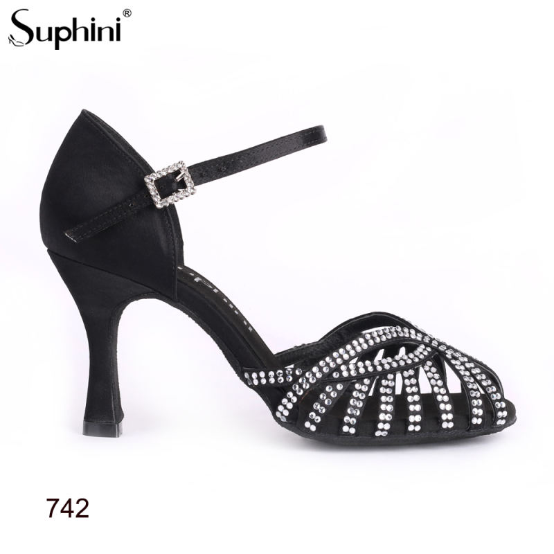 Free Shipping Suphini Hot Sale High Heel Dance Shoes Black Satin Salsa Tango Shoes