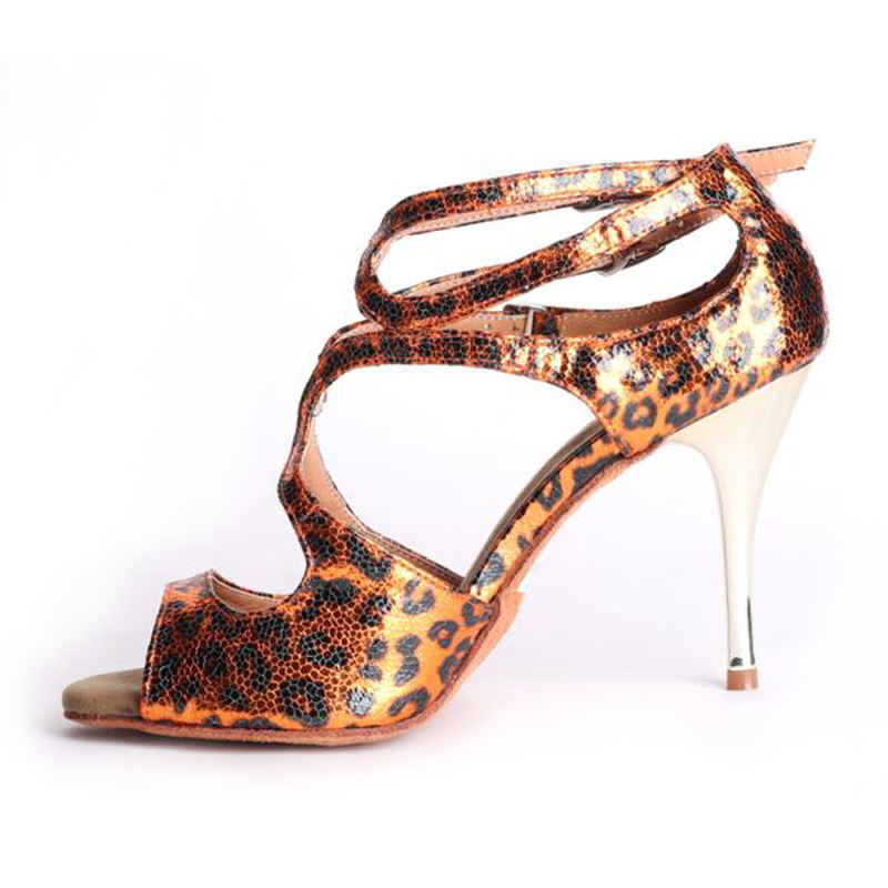 Suphini Tango Dance Sandal Hand Made 9cm High Heel Dance Shoes Leopard Orange Print Skin Tango Shoes