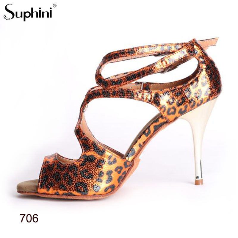Suphini Tango Dance Sandal Hand Made 9cm High Heel Dance Shoes Leopard Orange Print Skin Tango Shoes