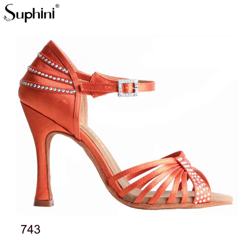 Suphini Classic design orange satin 10cm high heel professional latin salsa sandal