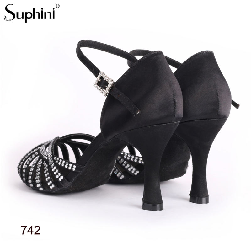 Free Shipping Suphini Hot Sale High Heel Dance Shoes Black Satin Salsa Tango Shoes