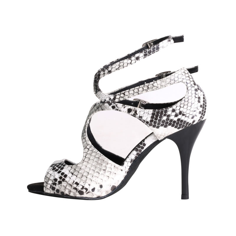 Suphini Tango Salsa Dance Shoes Hand Made High Heel Dance Shoes White&amp;Black Snake Skin Tango Shoes