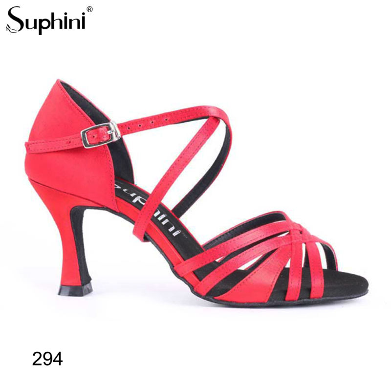 Suphini Latin Salsa Dance Shoes shipping red satin professional strap style latin salsa dance shoes