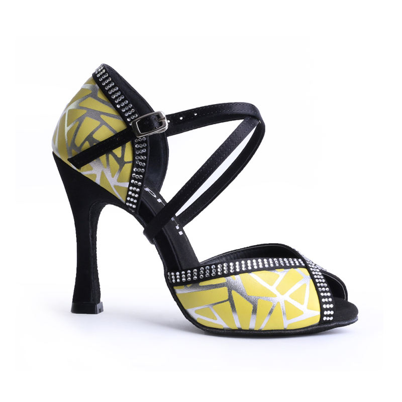 Suphini yellow PU with geometric designs 10 cm ballroom salsa high heel dance shoes