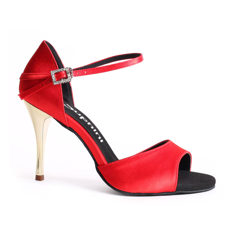 Suphini Tango Dance Shoes Hand Made 9cm High Heel Dance Shoes Luxury Red Satin With Rhinestone Buckle Latin Tango Dance Shoes
