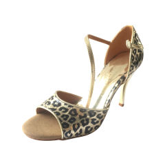 Free Shipping Suphini High Heel Dance Shoes Gold Leopard Fabric Tango Shoes