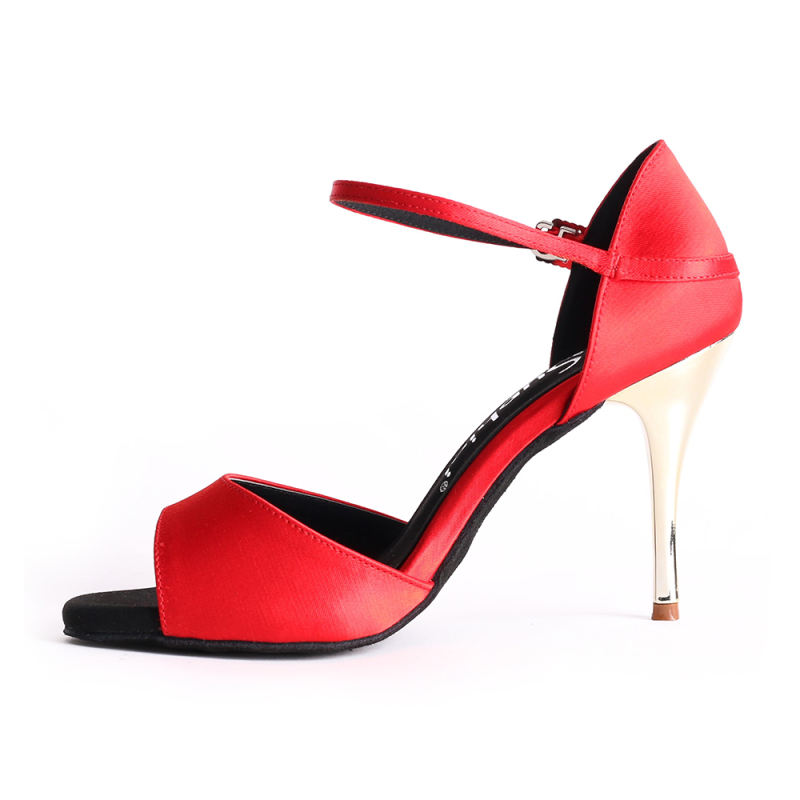 Suphini Tango Dance Shoes Hand Made 9cm High Heel Dance Shoes Luxury Red Satin With Rhinestone Buckle Latin Tango Dance Shoes