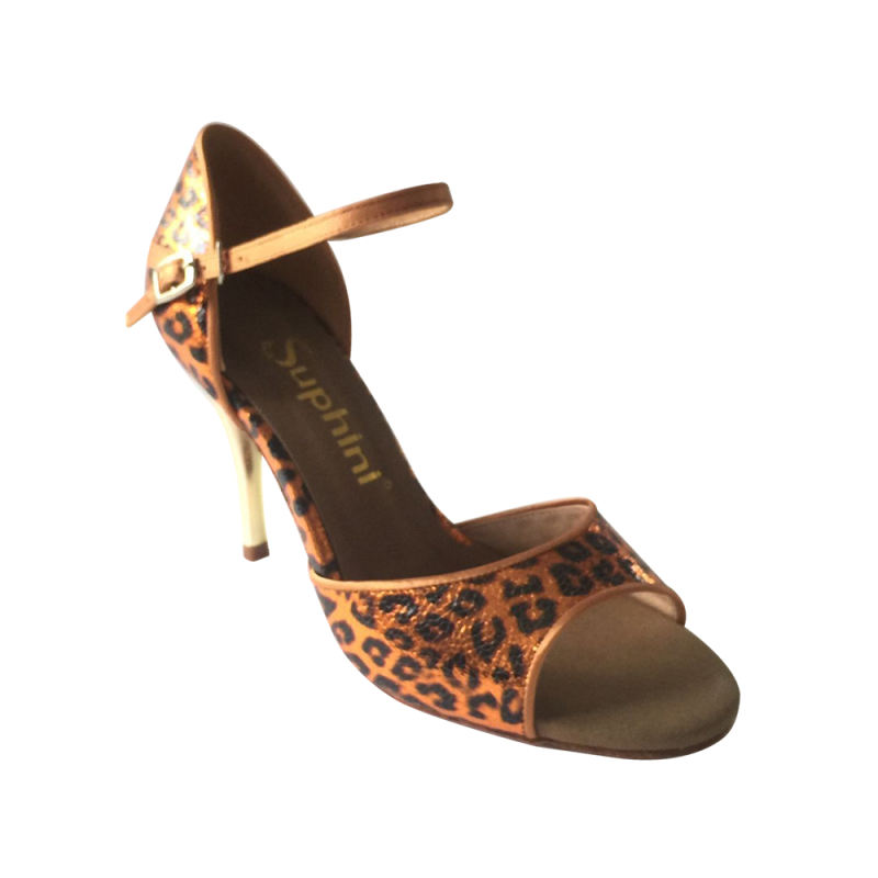 Free Shipping Suphini High Heel Dance Shoes Brown Leopard Fabric Tango Shoes