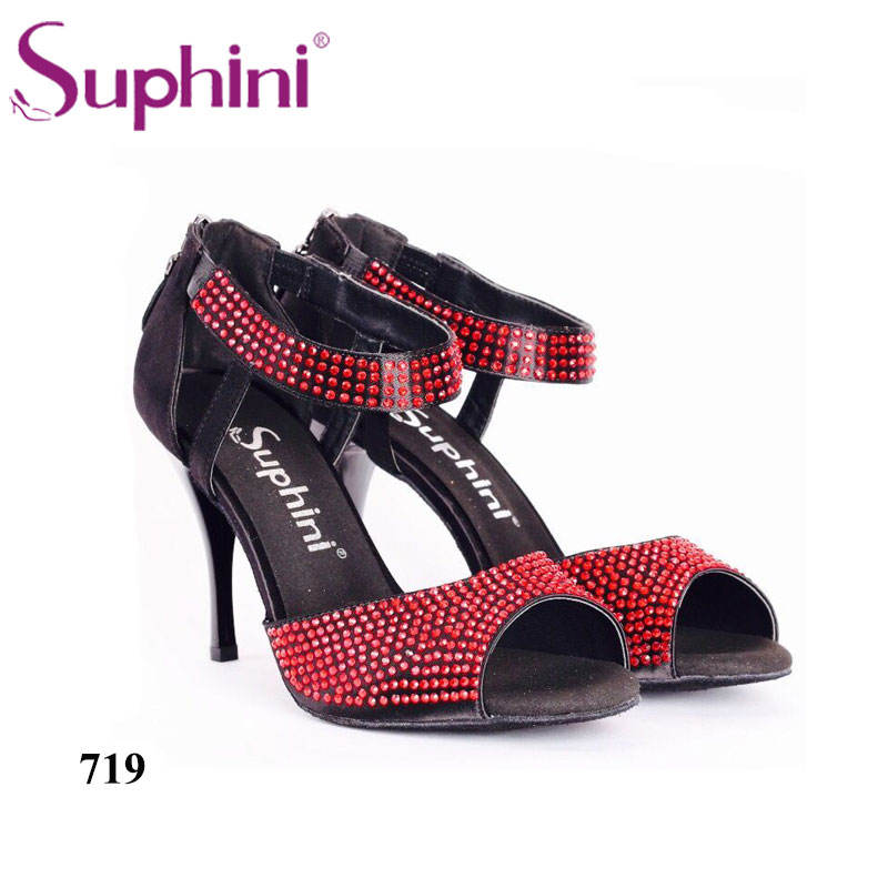 Free Shipping Suphini Competition 9cm Black Satin With Rhinestone Open Toe Heel Tango Dance Shoes Woman Dance Shoes