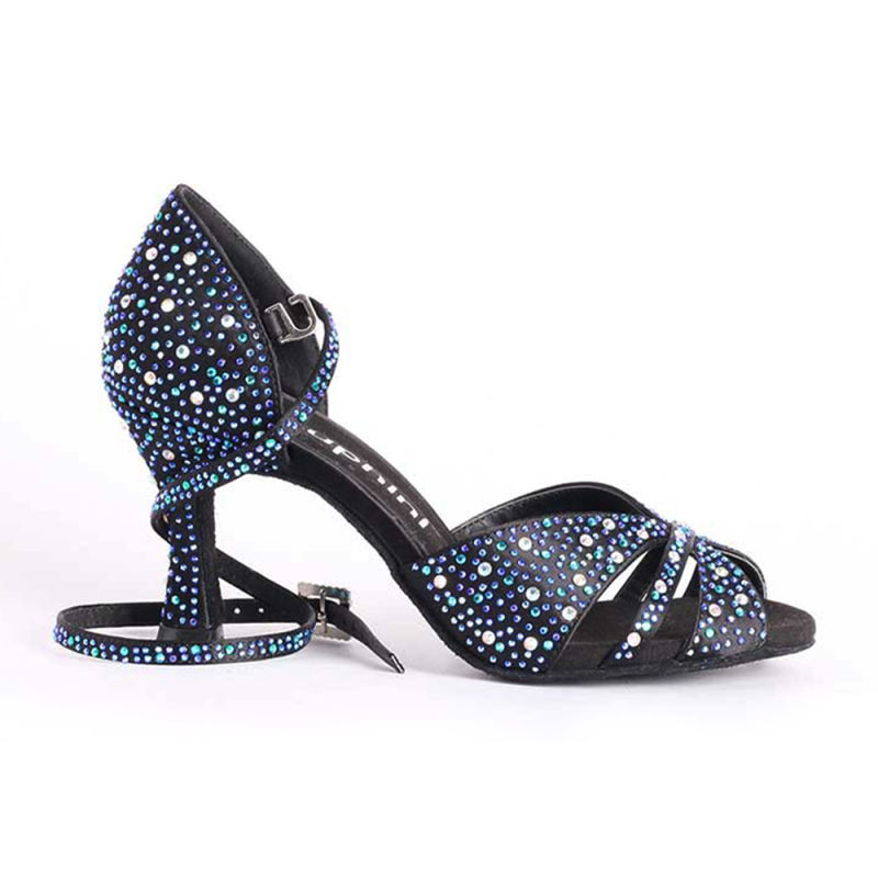 Free Shipping Suphini Black Satin With Rhinestones Professional Open Toe Salsa Party Latin Shoes