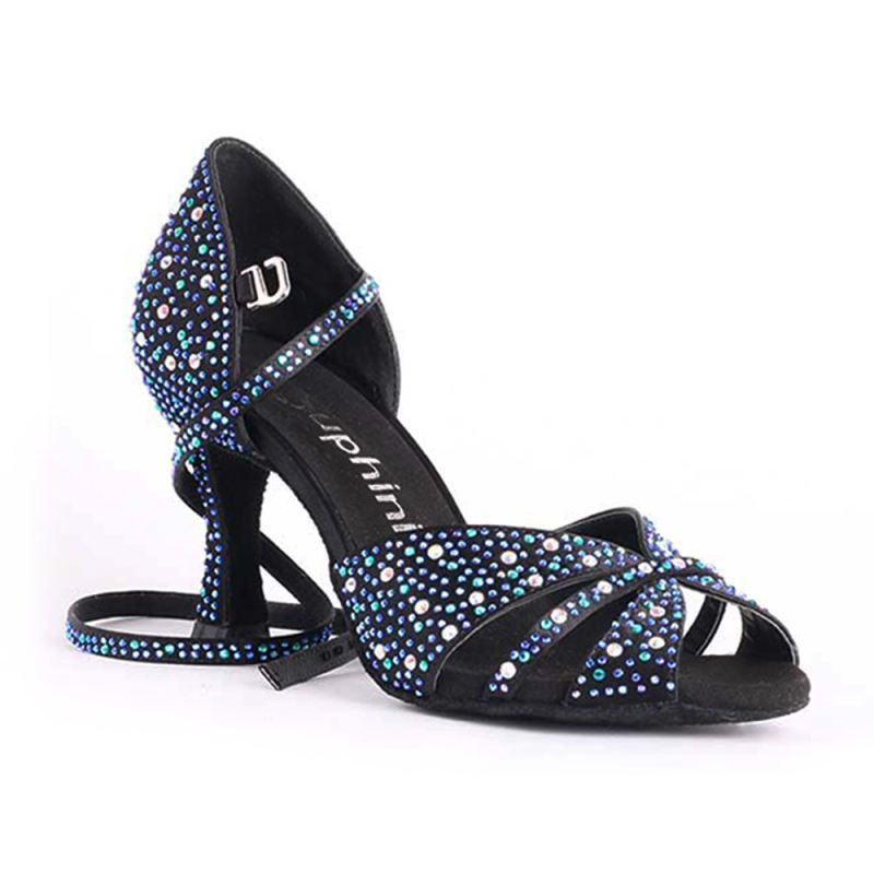 Free Shipping Suphini Black Satin With Rhinestones Professional Open Toe Salsa Party Latin Shoes