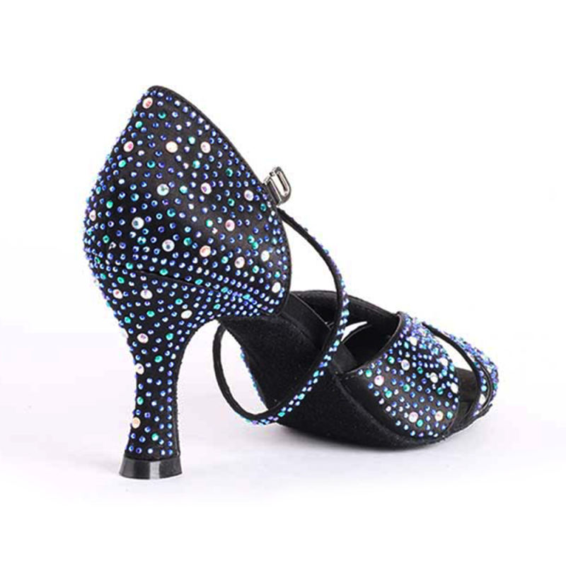 Free Shipping Suphini Black Satin With Rhinestones Professional Open Toe Salsa Party Latin Shoes