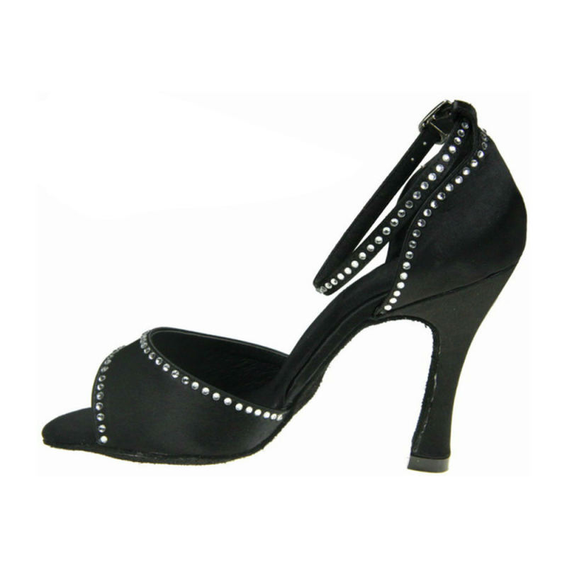 Black Satin Upper Edge With Rhinestones Ankle Strap 10cm High Flare Heel Latin Salsa Party Shoes