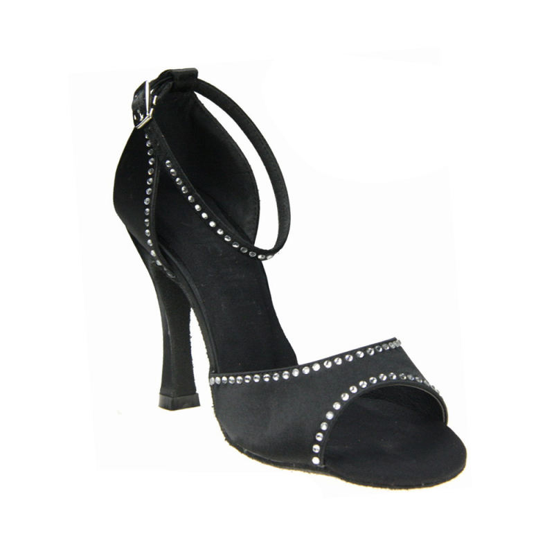 Black Satin Upper Edge With Rhinestones Ankle Strap 10cm High Flare Heel Latin Salsa Party Shoes