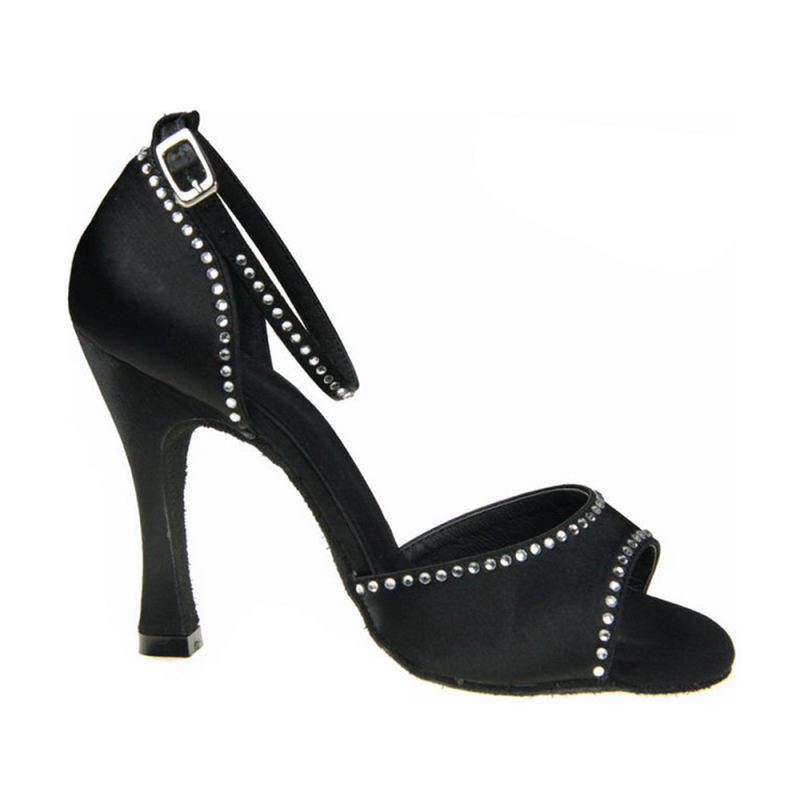 Black Satin Upper Edge With Rhinestones Ankle Strap 10cm High Flare Heel Latin Salsa Party Shoes